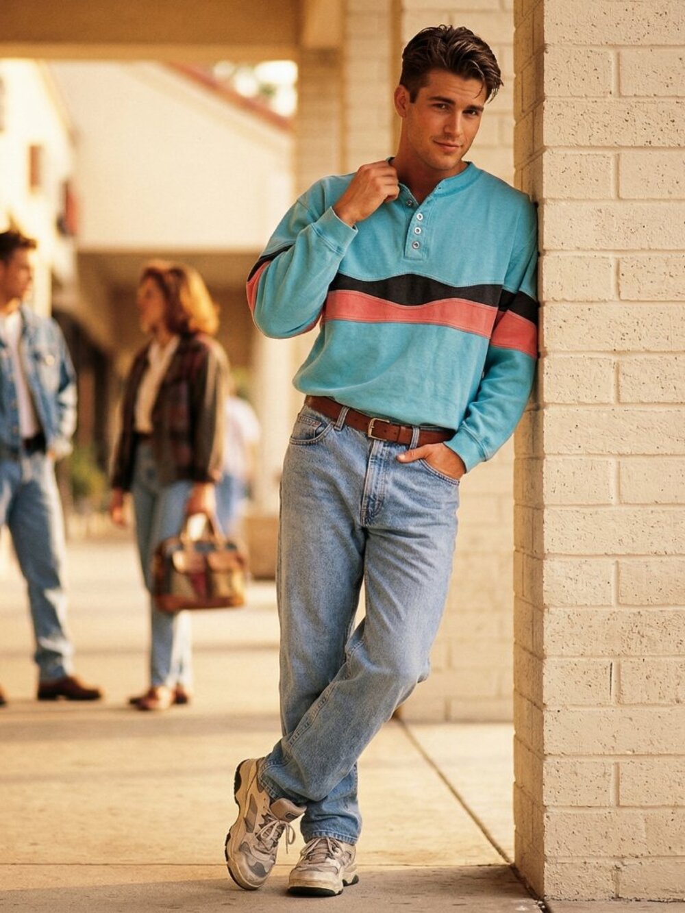 International Male Men XL Henley Sweatshirt Cyan Blue Pink Cotton Archival Rare